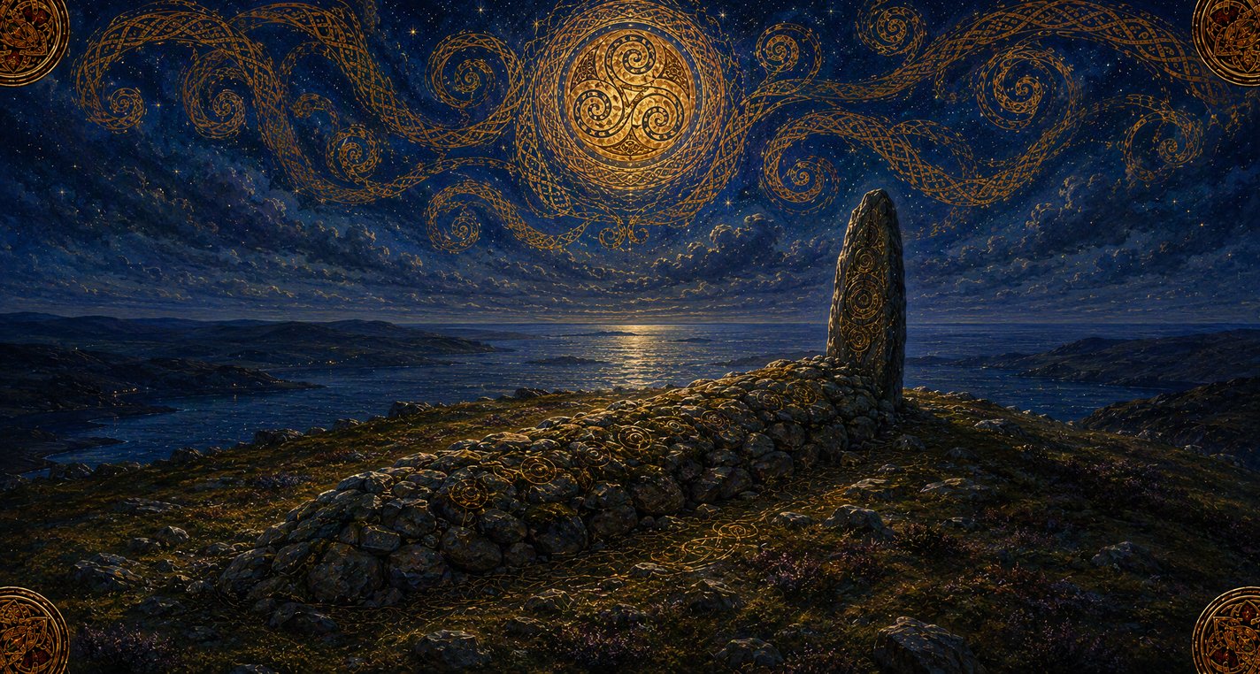 At night a single long grave-cairn lies on a hill above the sea under the moon.