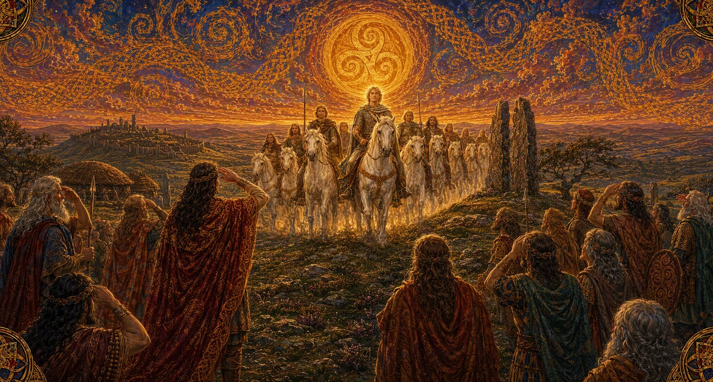 A young man with a shining face leads a host of riders on white horses up a hill at sunrise toward a gathering of people.