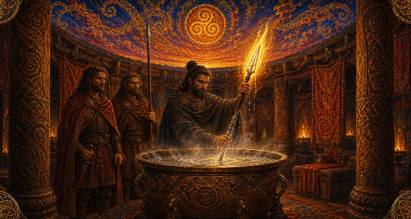 In a foreign palace a dark-haired warrior draws a spear with a blazing head from a cauldron of hissing water.