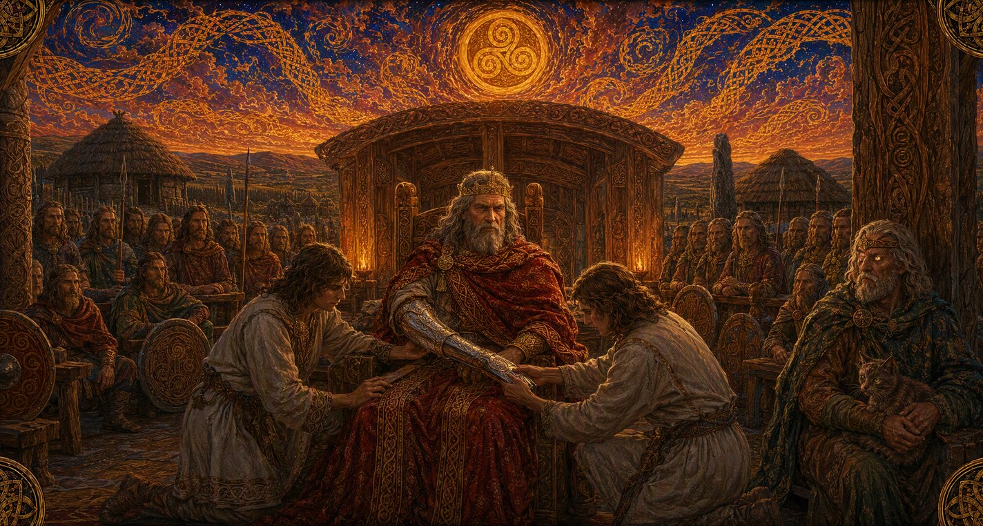 At Tara a crowned king sits on his throne as two young physicians kneel and draw away his arm of silver, and an old doorkeeper with a cat in his lap looks on.