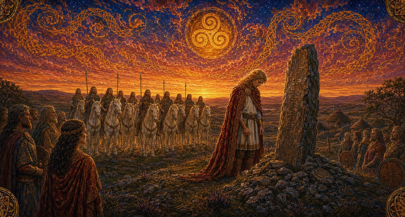 At dusk on a wide plain a young man bows his head beside a new ogham stone while riders on white horses wait behind him.