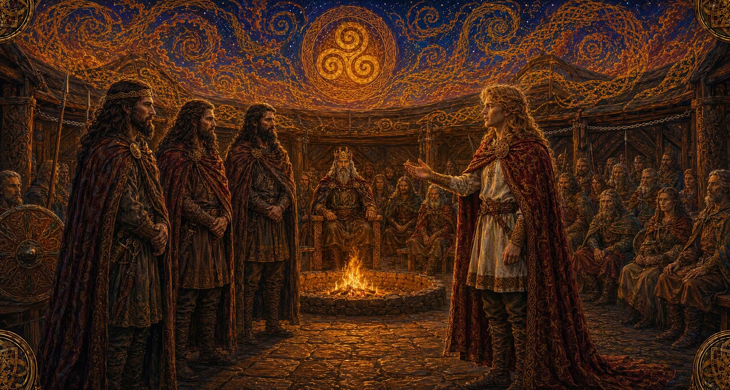 In a firelit hall a radiant young man with golden hair faces three dark-haired warriors across the fire.