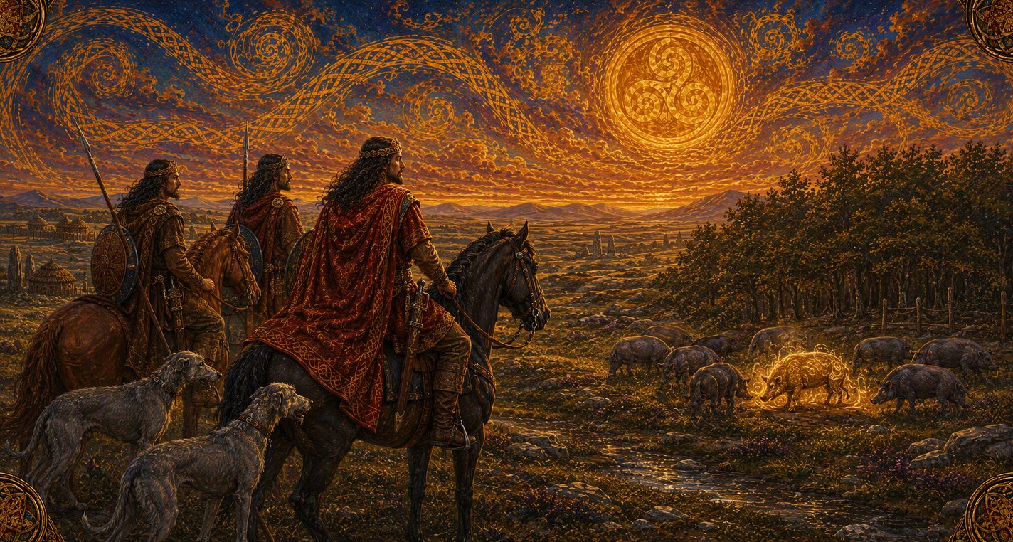 Three armed riders and two lean hounds look toward a herd of pigs at the edge of a wood, one of which glows faintly gold.