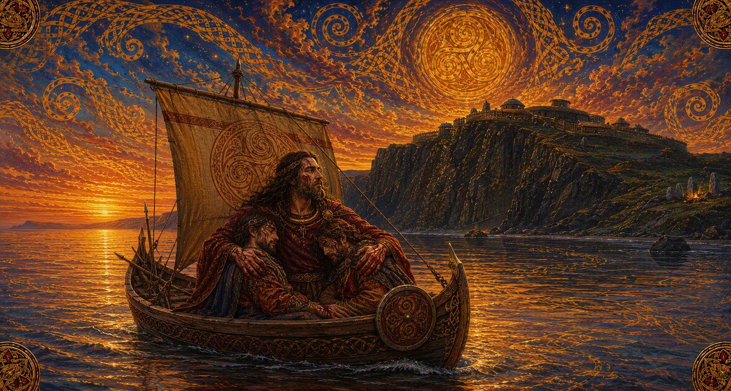At evening a small ship comes in toward a high dark headland; in it a wounded warrior holds up his two brothers to see the shore.