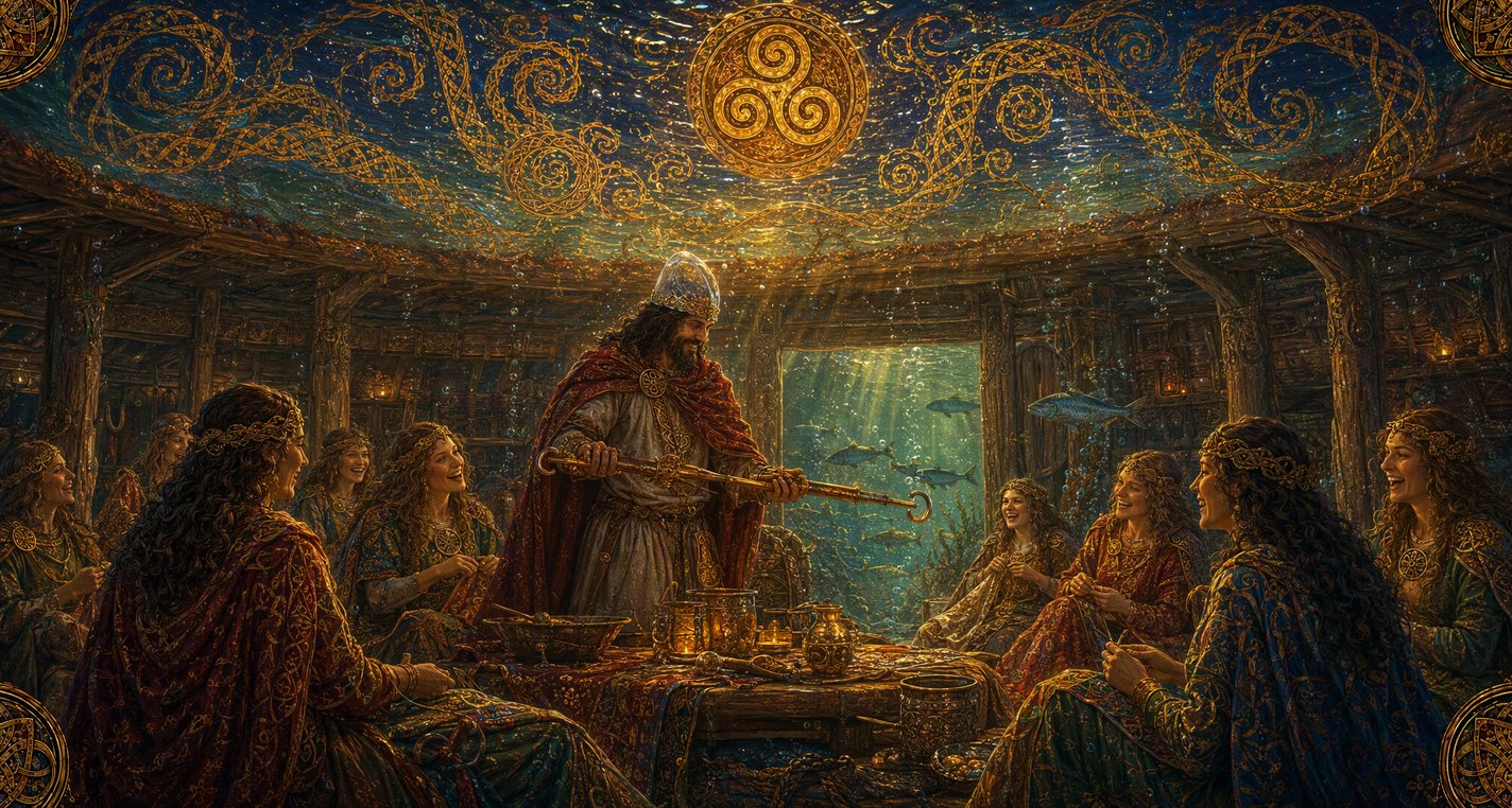 Under green water a warrior in a crystal helmet lifts a golden spit from a table while women at their embroidery laugh.