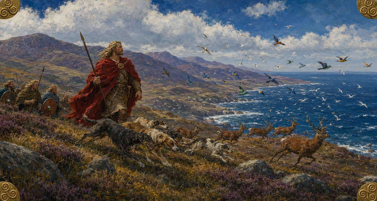 On a heathery slope above a blue sea fair-haired Fionn in a red cloak leads his men and hounds after running stags, with gulls and bright birds over the waves.