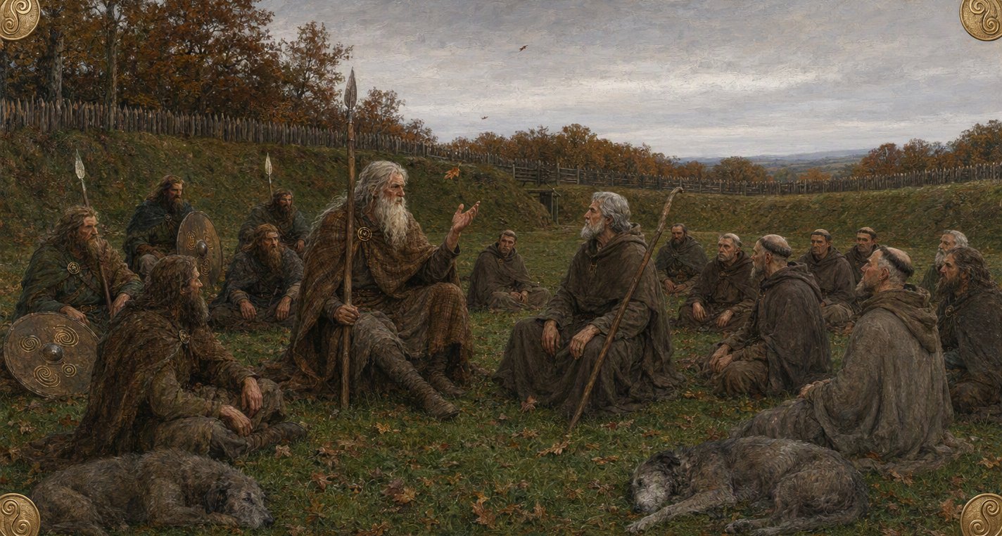 Inside a ring-fort under autumn oaks huge white-bearded Caílte sits speaking, one hand raised, to grey-haired Patrick, clerics and warriors listening on the grass.