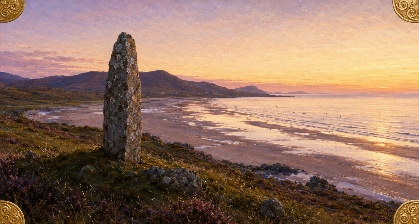 A lone grey lichened standing stone on a heathery slope above a wide empty strand at sunset, the tide far out, the wet sand shining and mountains beyond.