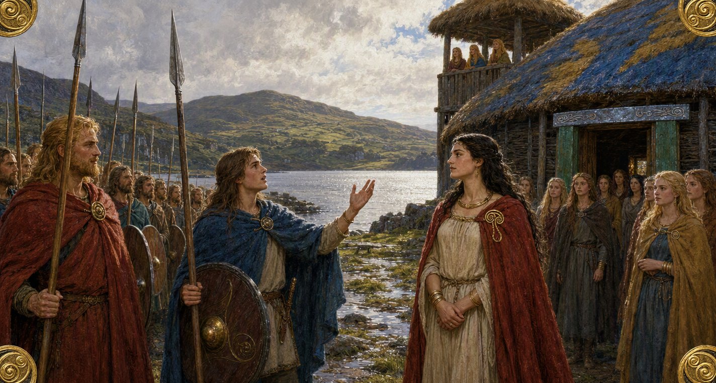 By a bright lake young Cael in a blue cloak sings to dark-haired Créde before her round hall thatched with blue and yellow wings, Fionn and his spearmen beside him.