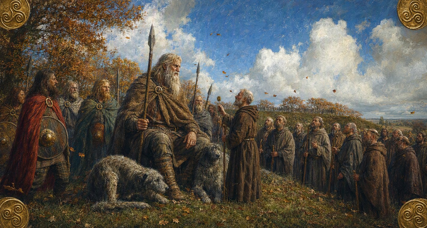 On a bright autumn hillside below a ring-fort, huge white-bearded Caílte sits with two wolfhounds as grey-haired Patrick raises a sprinkler to him, clerics around.