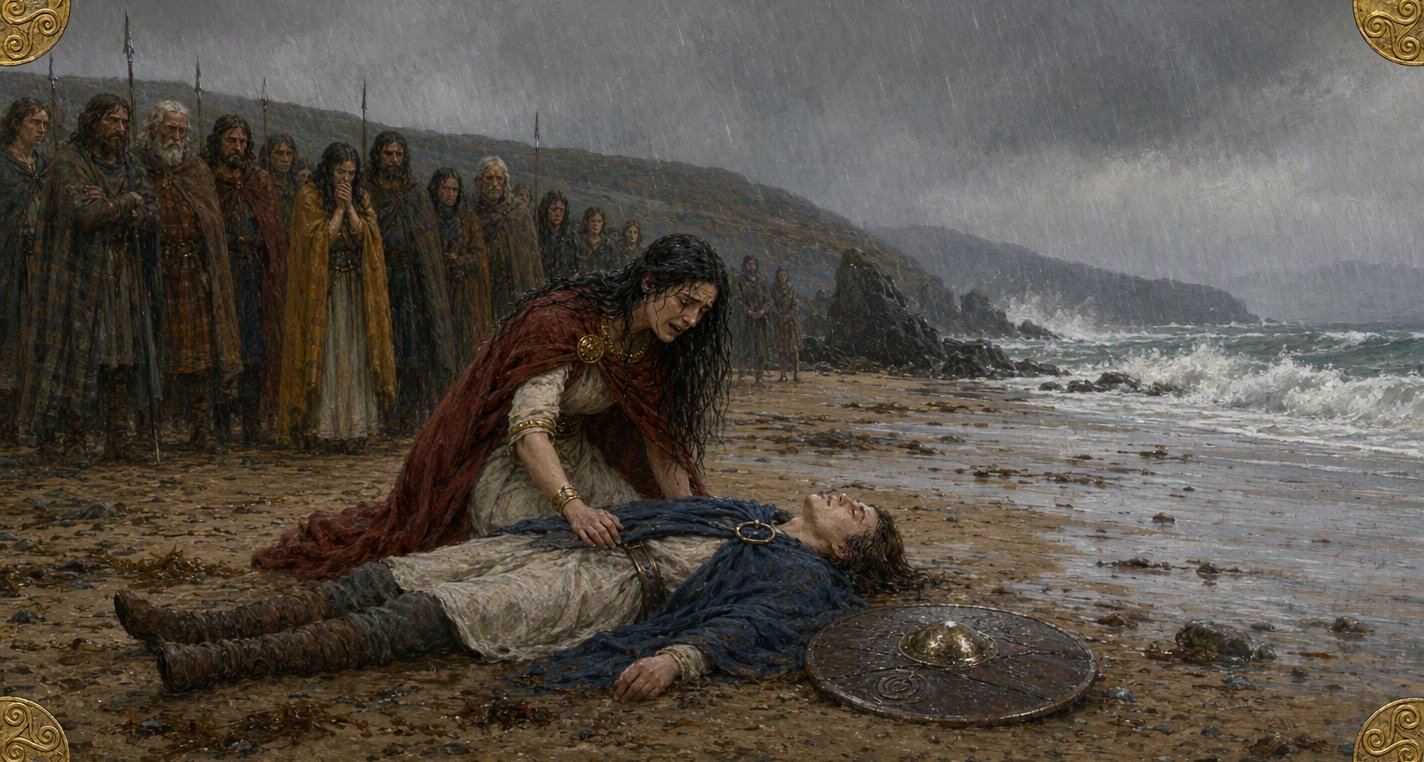 In driving rain on a stony strand dark-haired Créde in a red mantle kneels weeping over drowned Cael in his blue cloak, mourners behind her, grey waves breaking.