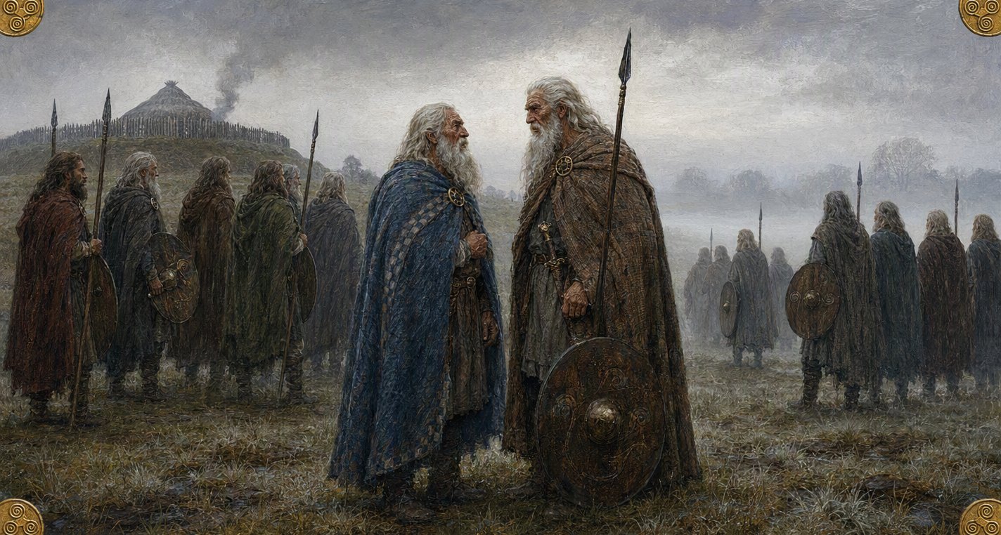 On a misty, frosty green Oisín in blue and Caílte in brown face each other to part, their men waiting in two groups, a thatched hall on a palisaded mound behind.