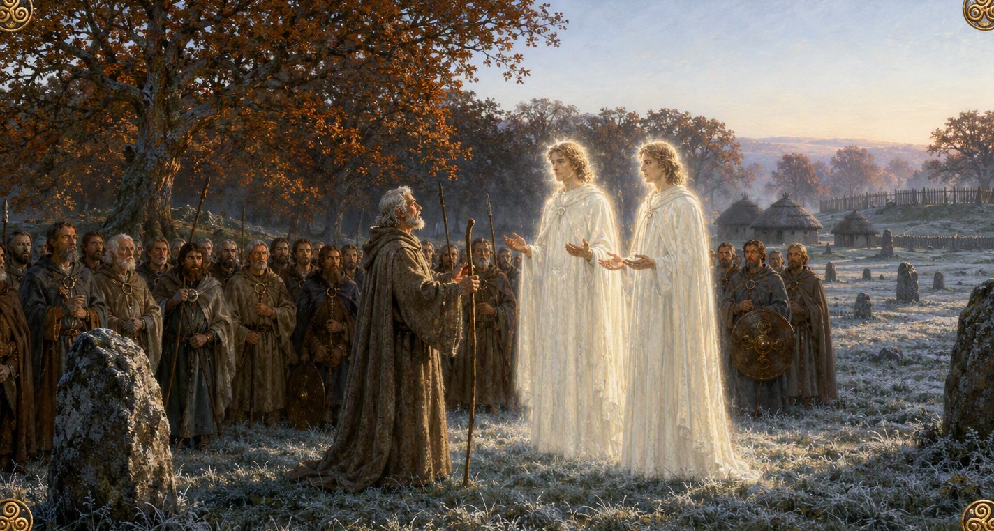 On a frosty green at sunrise Patrick in his brown habit, staff in hand, faces two glowing figures in white, a crowd of cloaked men behind him among oaks.