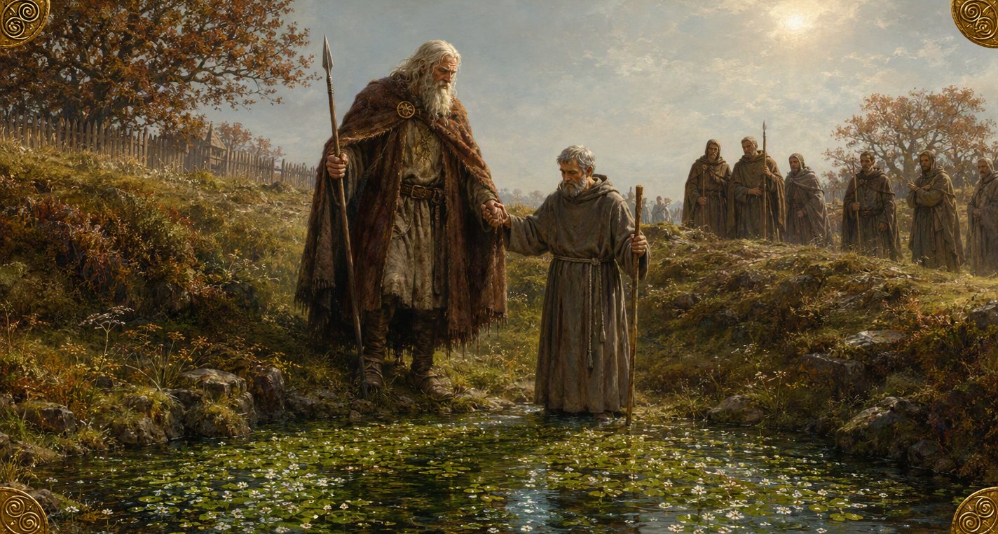 In pale autumn sun huge white-bearded Caílte, spear in hand, holds grey-haired Patrick's hand beside a pool thick with watercress, clerics waiting behind.