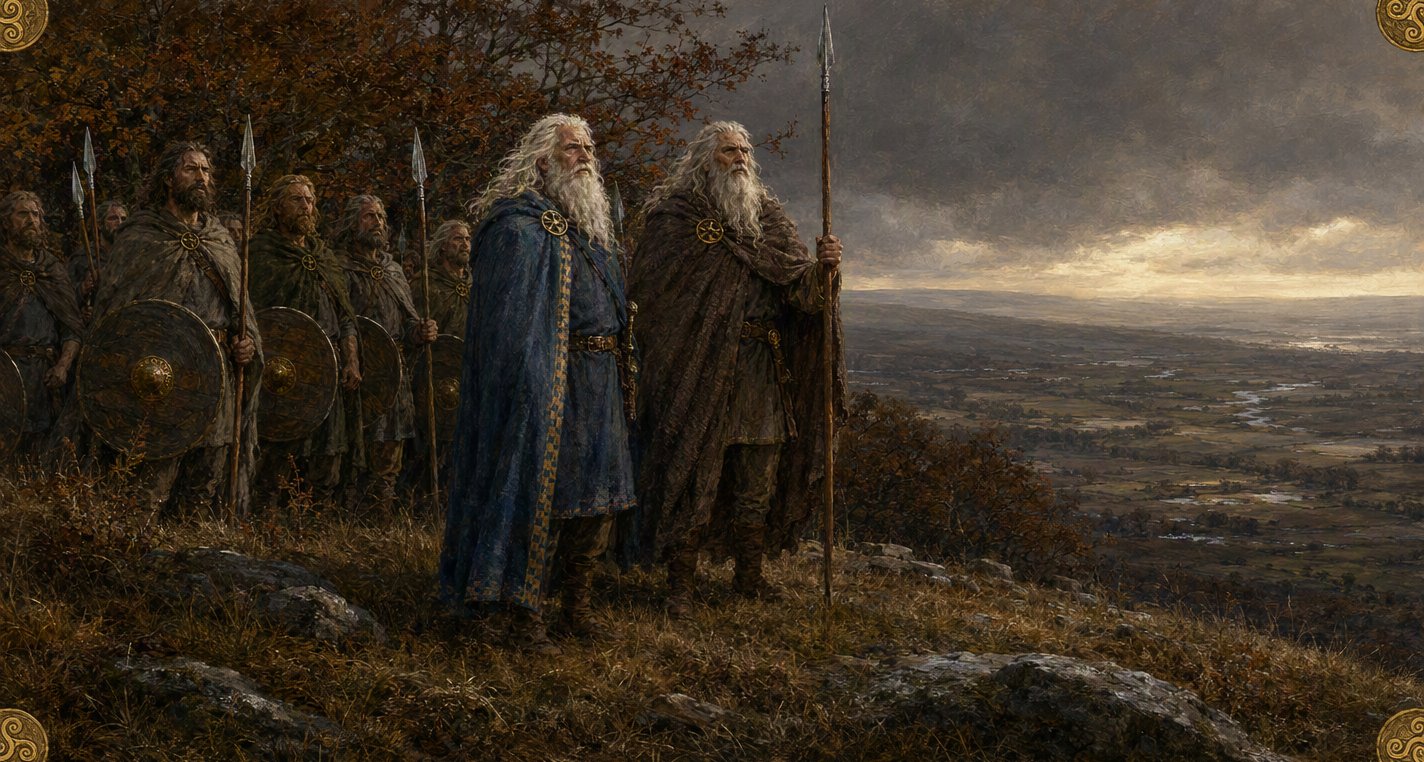At evening two huge white-haired old warriors, Oisín in blue and Caílte in brown, stand with their spearmen on a hillside above a wide river plain under dark clouds.
