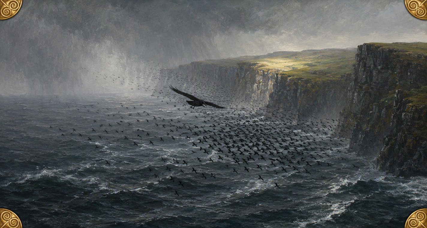 Under rain squalls a vast flock of black birds streams low over a heaving grey sea towards dark cliffs, one great bird among them, a pale gleam on the cliff top.