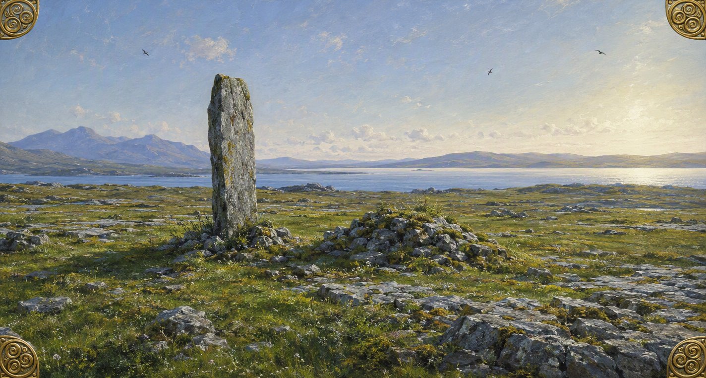 In the low sun of a spring morning a tall lichened pillar stone and a mossy cairn stand on a green, stony plain by a shining lough, with blue mountains far off.