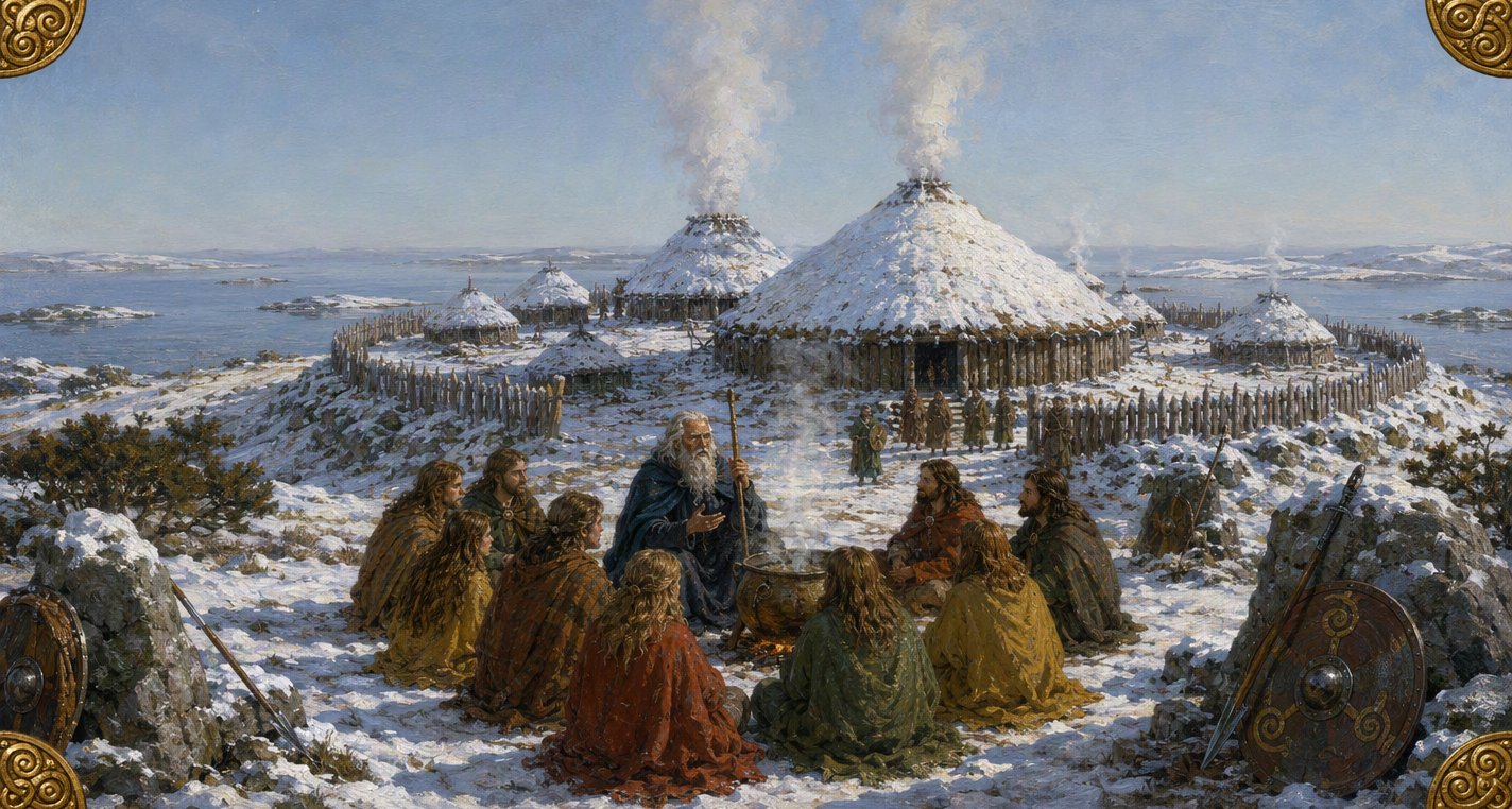 On a snowy island the old sage Semias, white-bearded in a blue cloak, teaches a ring of young people beside a steaming cauldron before snow-roofed round halls.