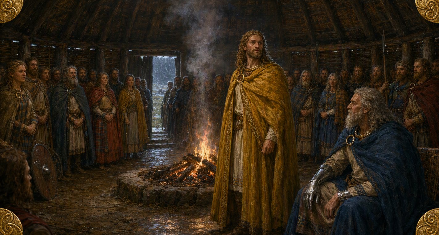 In a round timber hall with rain at the door, golden-haired Bres in a yellow cloak stands by the fire to be made king as grey-bearded Nuada, his arm silver, looks on.