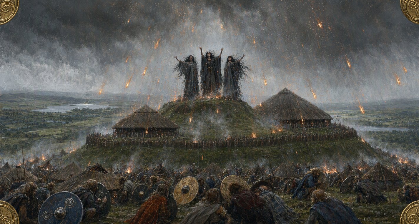 Under a low storm sky Badb, Macha and the Morrígan, three tall women in dark cloaks, raise their arms on a mound at Tara as fire falls through mist on the camp below.