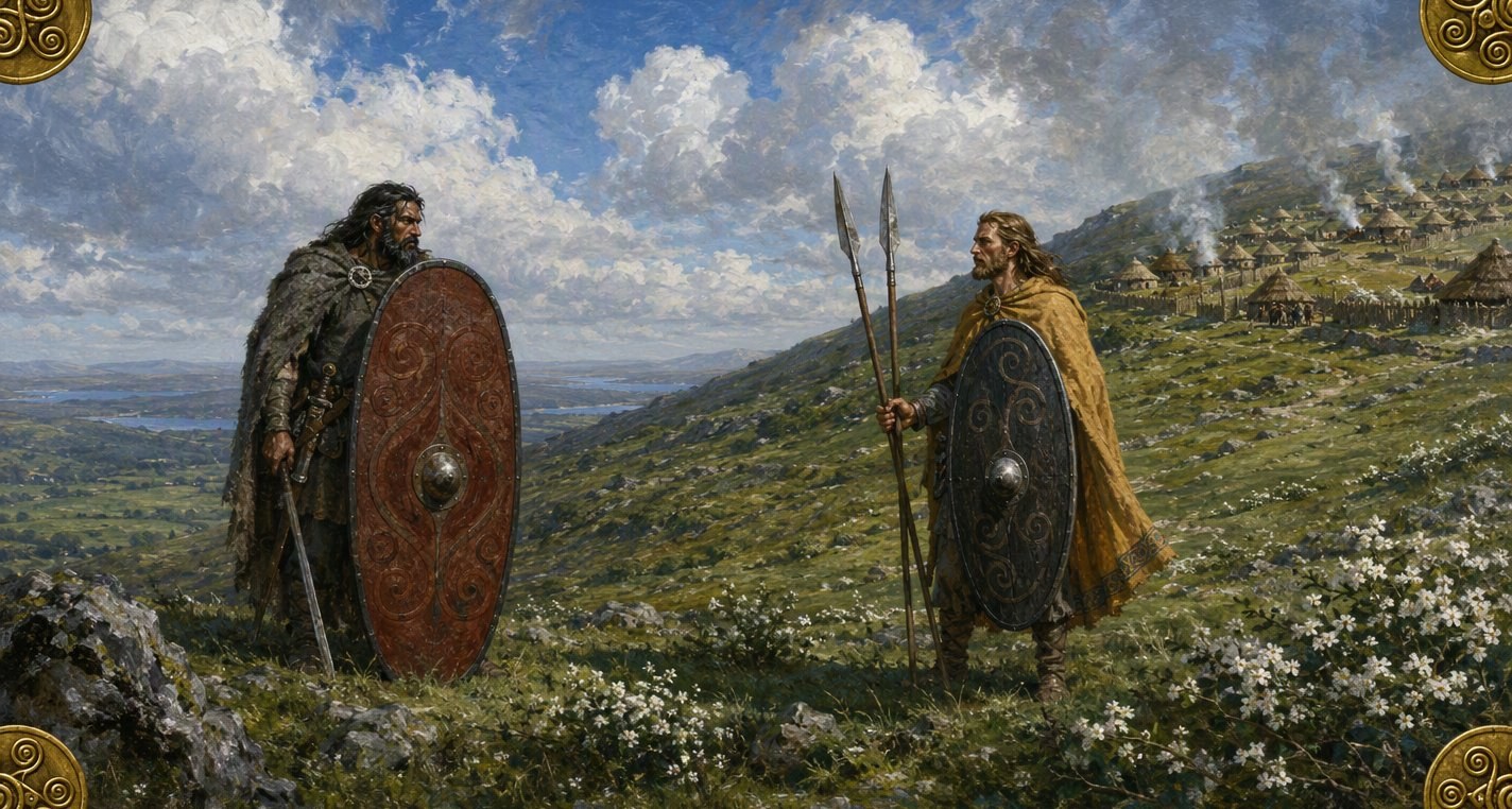 On a May hillside black-bearded Sreng stands behind his tall red shield, sword down, facing golden-haired Bres in a yellow cloak with two spears, a camp smoking above.