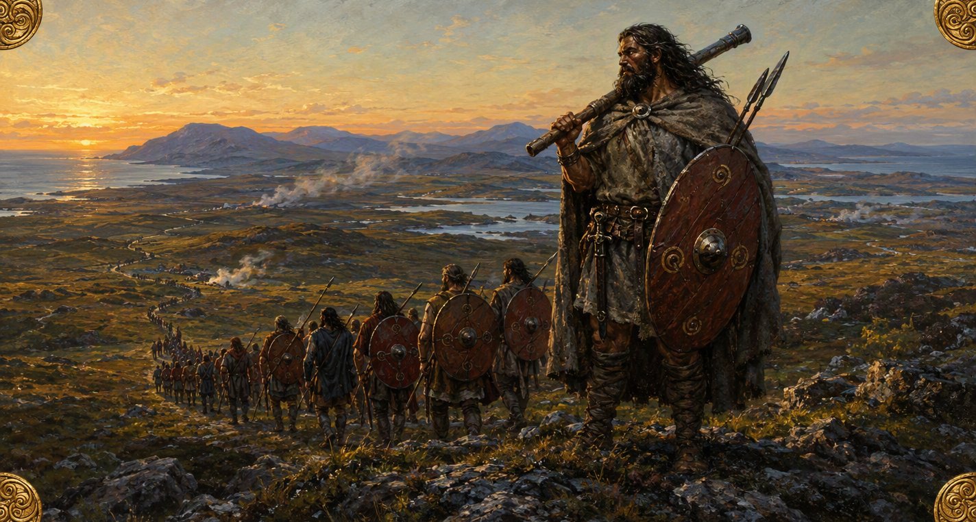 At sunset the huge black-bearded Sreng, club on his shoulder and red shield at his side, stands on a rocky rise as a long column of warriors marches off over the hills.