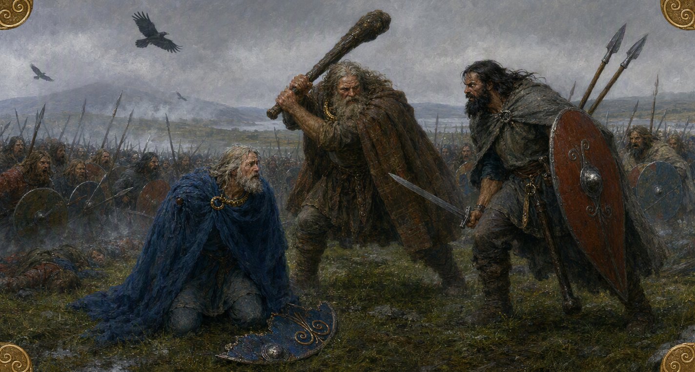 In drizzle on a battlefield King Nuada kneels in blue by his broken shield as the huge Dagda, club raised, steps between him and black-bearded Sreng with his sword.