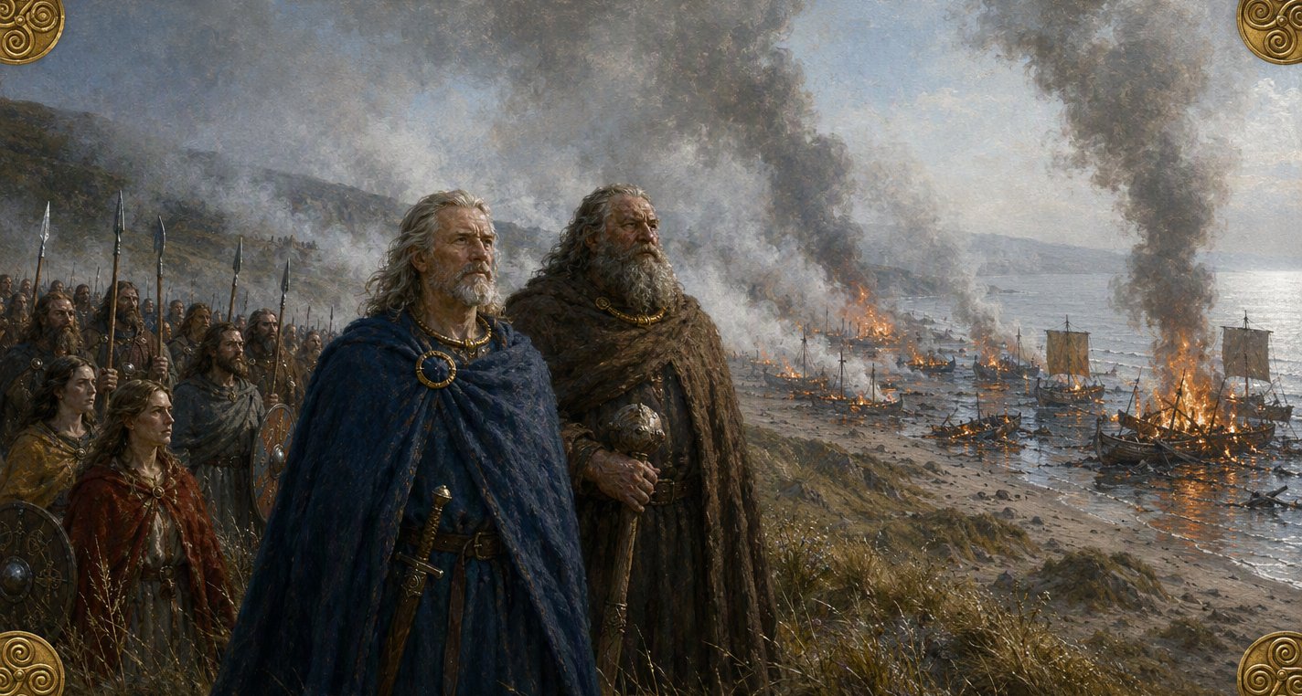 At dawn grey-bearded King Nuada in a blue cloak and the huge Dagda with his club stand before their host as the fleet burns along the strand, smoke rolling inland.