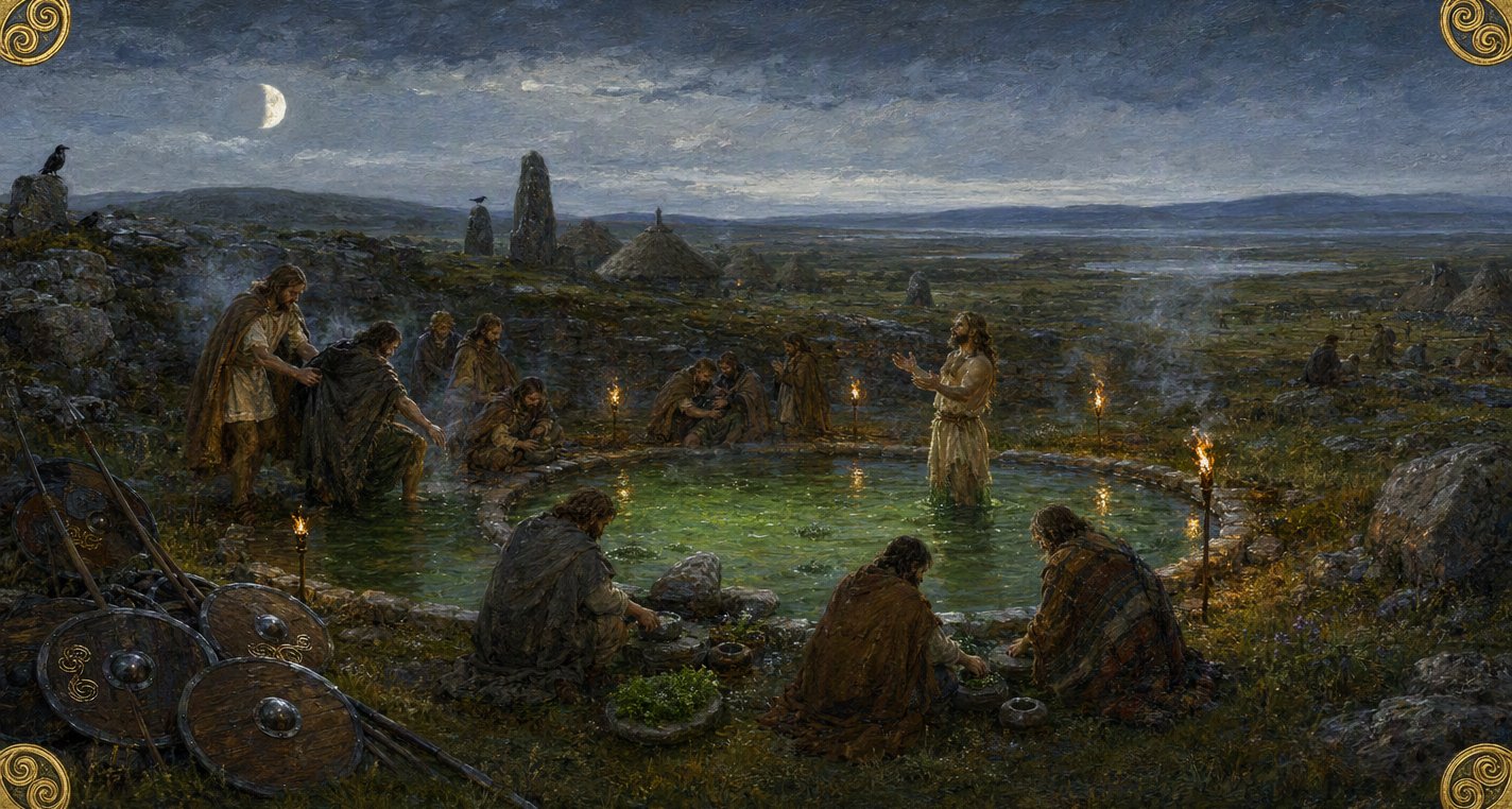 By torchlight under a crescent moon, physicians crush herbs into a green pool, a wounded man is helped down into it and a healed man stands whole in the water.