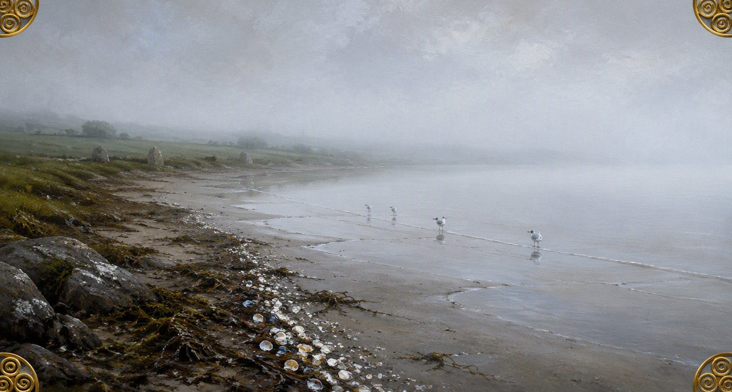 A thick grey sea-mist lies on still water off an empty strand at low tide, a line of pale shells and weed along the tideline, four gulls at the water's edge.
