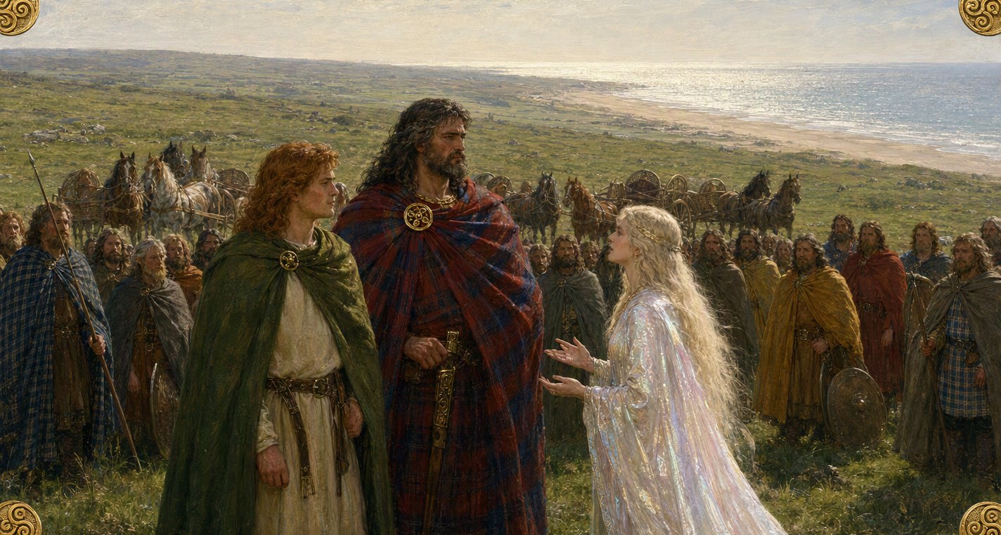 On a plain above a pale strand and glittering sea a pearl-gowned woman speaks to grave King Conn while Connla watches her, the court and chariots behind.