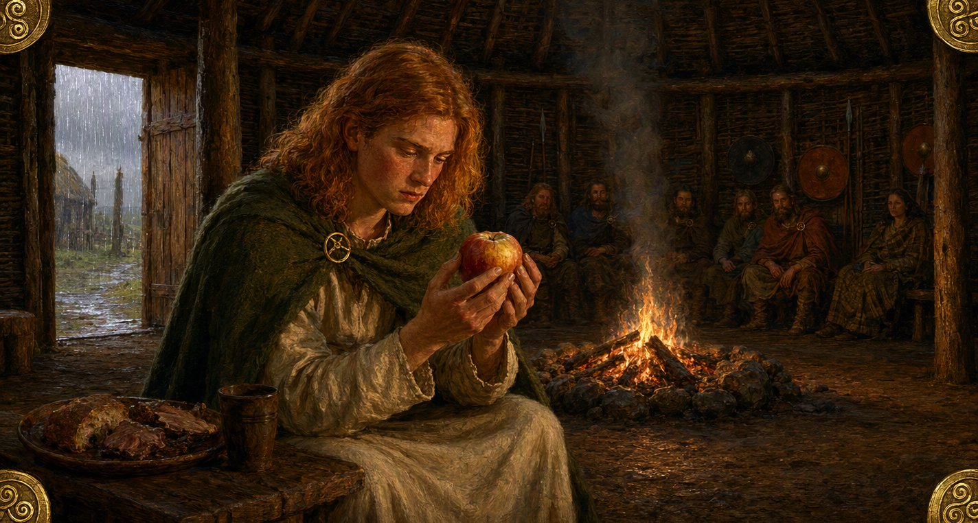 In a firelit round hall on a rainy day Connla sits gazing at a whole apple, food and ale untouched beside him, the household watching from the shadows.