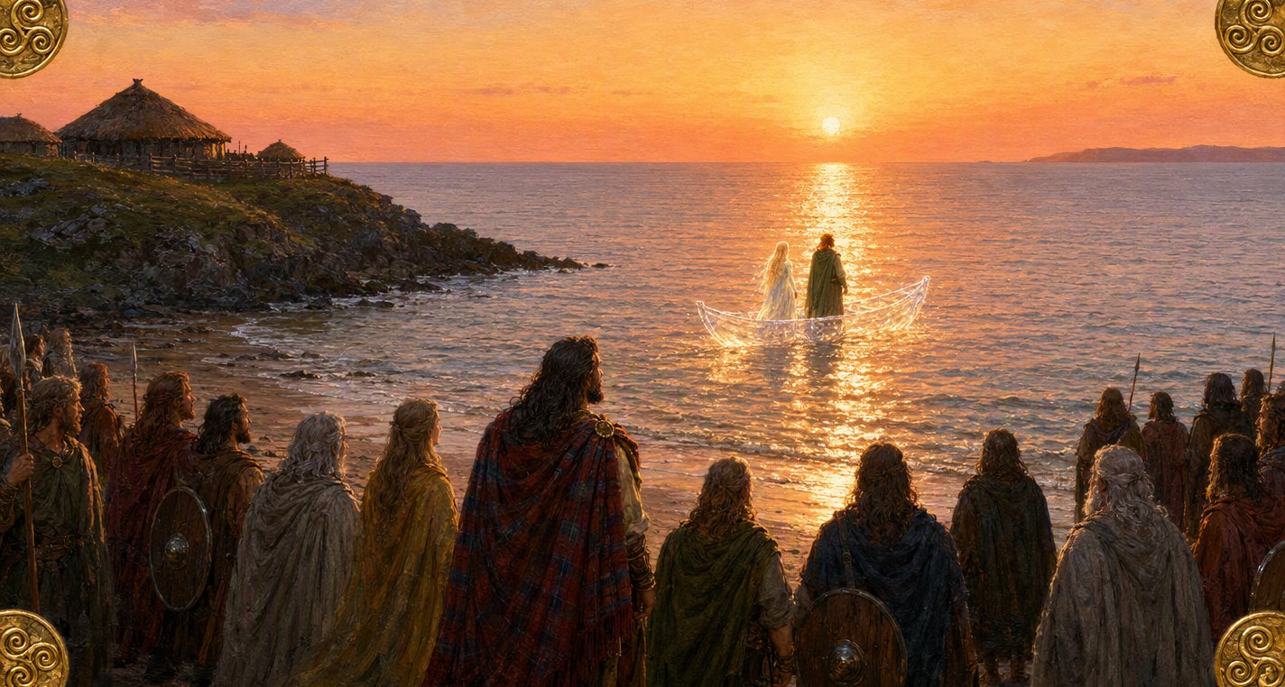 At sunset a boat of clear crystal carries a woman in a pale gown and red-haired Connla along the sun's road of light, King Conn and his court watching from the strand.