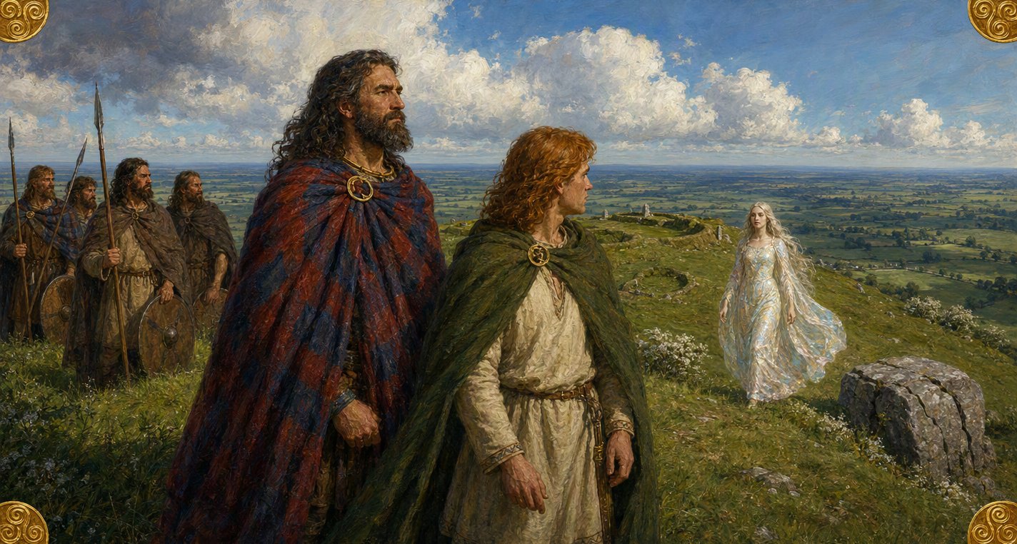 On the green summit of Uisneach young Connla turns to a woman in a shimmering pearl gown walking towards him, while King Conn and his men gaze out over the plain.