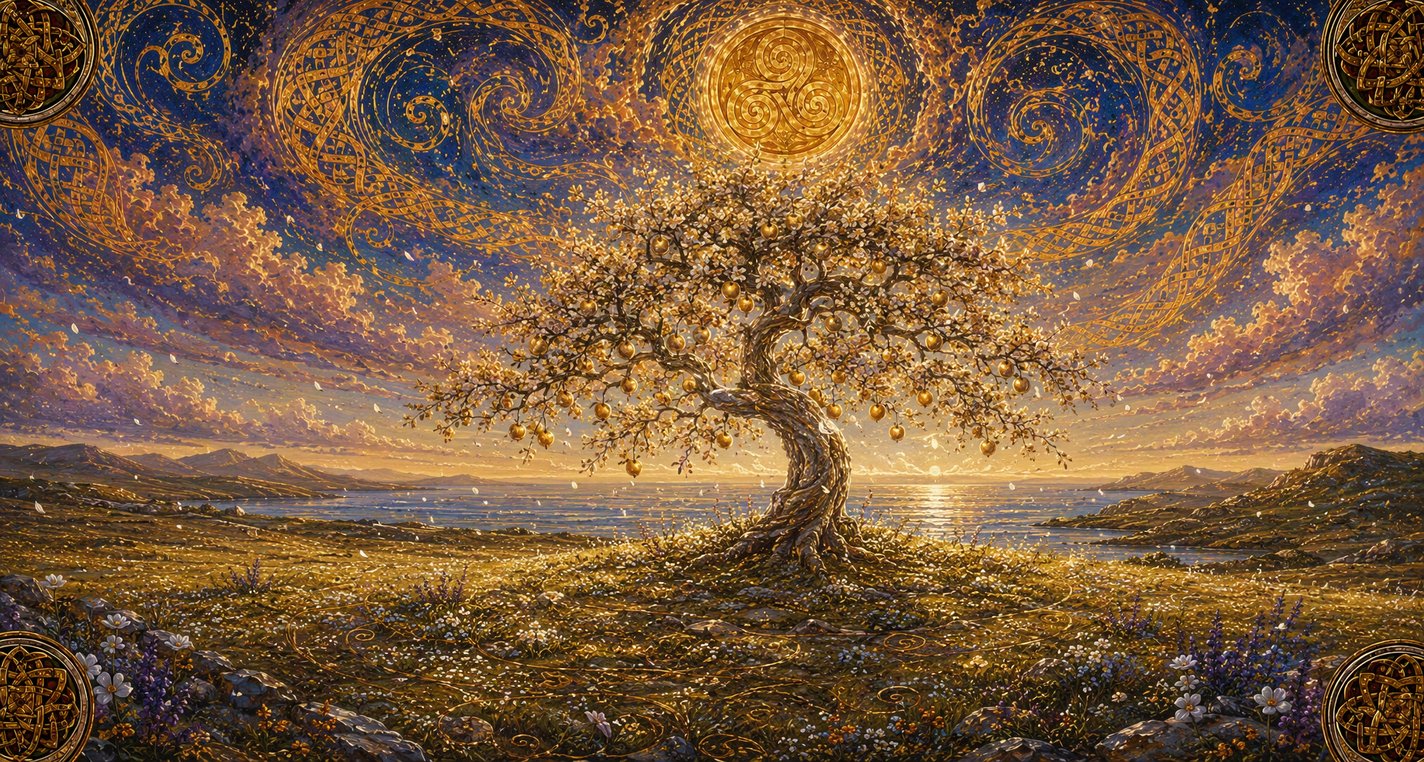 In a pale Otherworld light a single tree stands hung with golden apples.