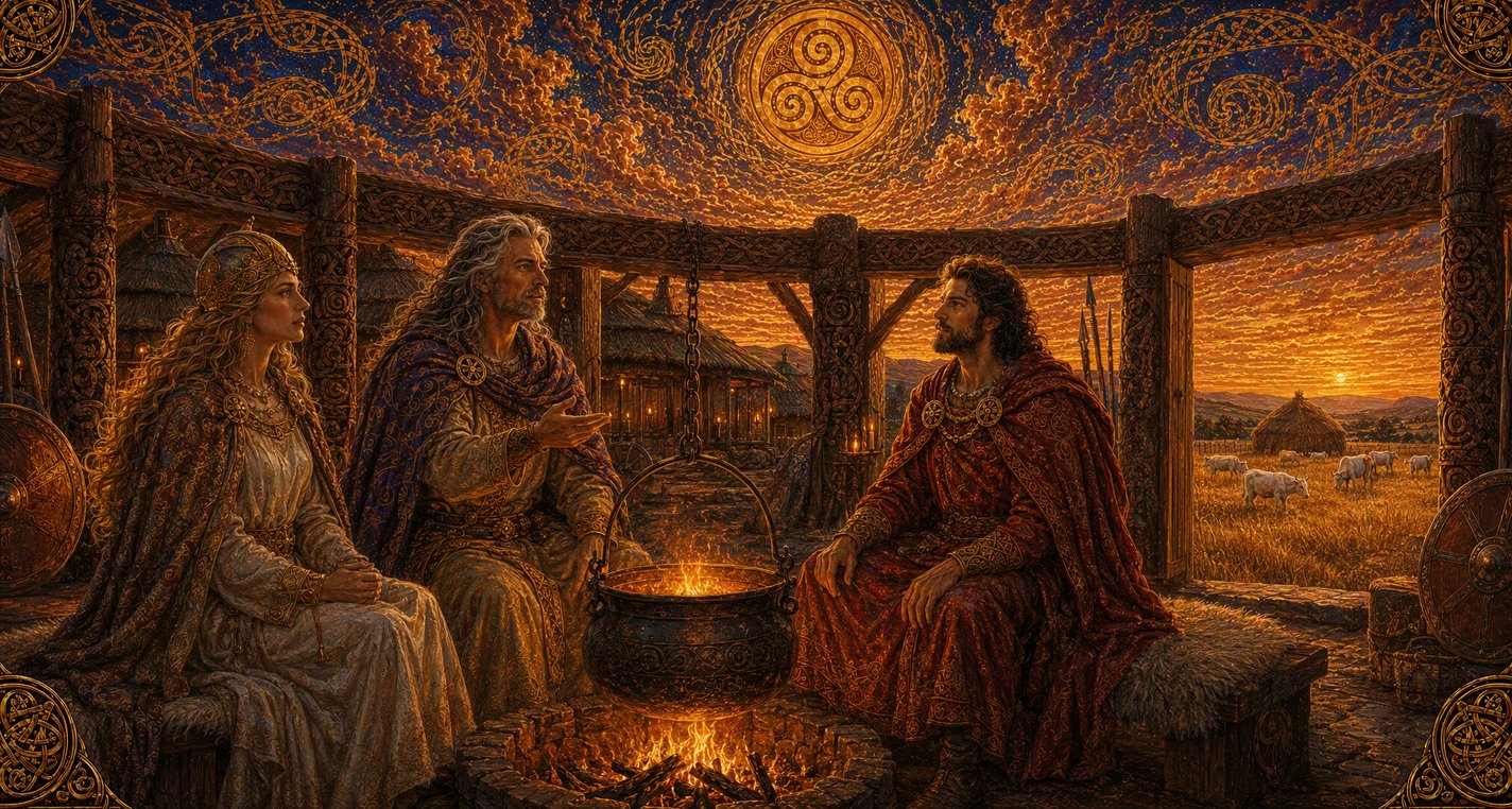 By firelight a king, a grey-haired lord and a woman in a golden helmet sit round a cauldron telling truths, with a field of ripe wheat beyond the door.