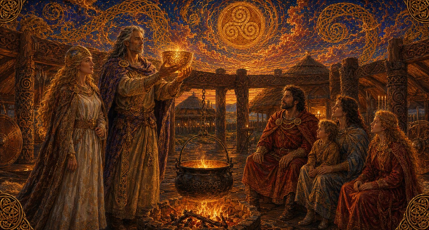 In a bright hall a fair lord holds up a glowing cup of gold before a king, with a cauldron over the fire and a golden-helmeted woman beside him.
