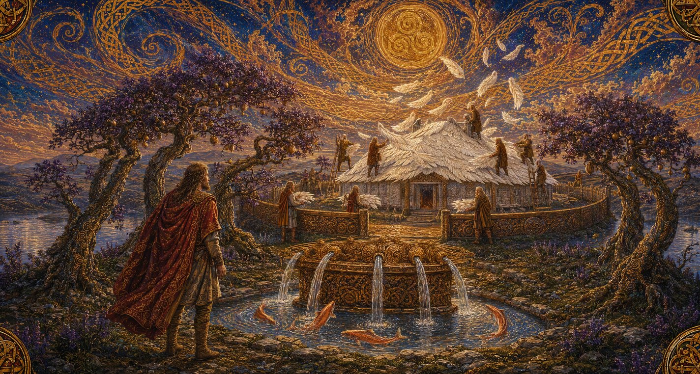 In a pale silver land a fountain with five streams shines under nine purple hazels, before a silver house roofed with the wings of white birds.