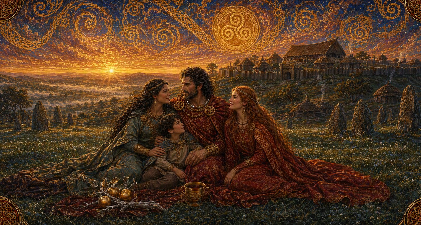 At dawn on the green of Tara a king wakes with his wife, son and daughter beside him, a silver branch and a gold cup at his side.