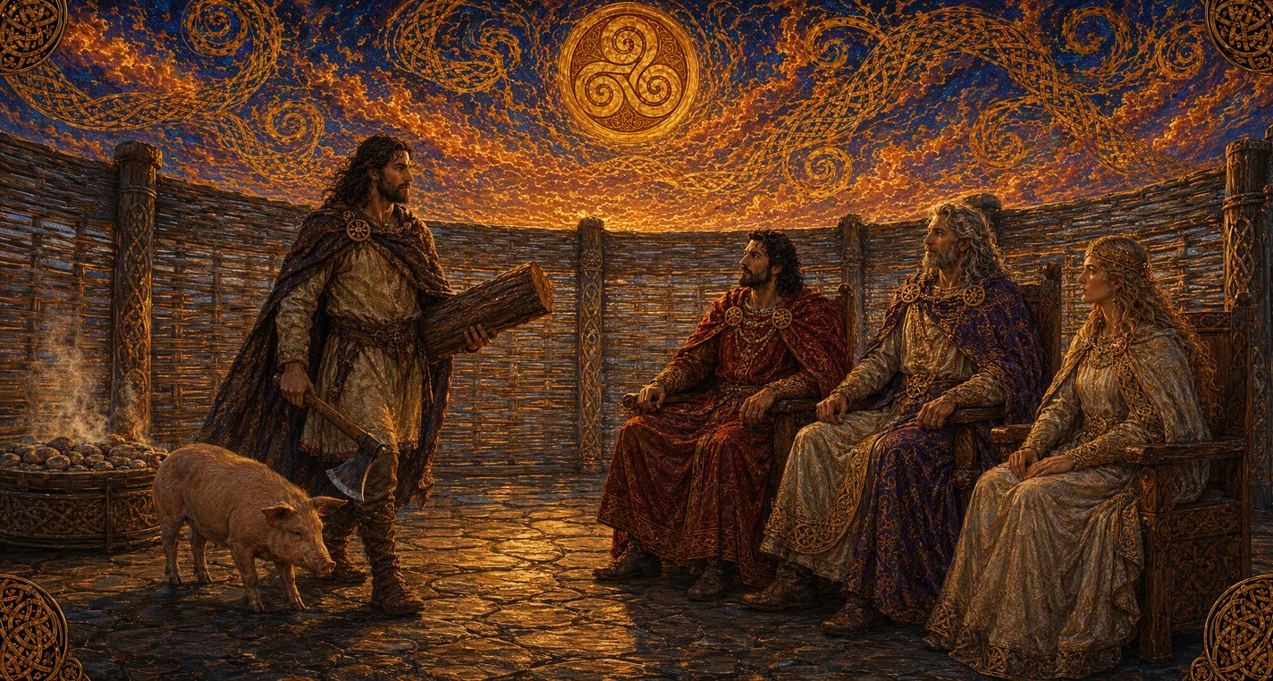 In a bright hall a man comes in with an axe and a log, a pig at his heels, as a king, a grey-haired lord and a golden-haired woman watch.