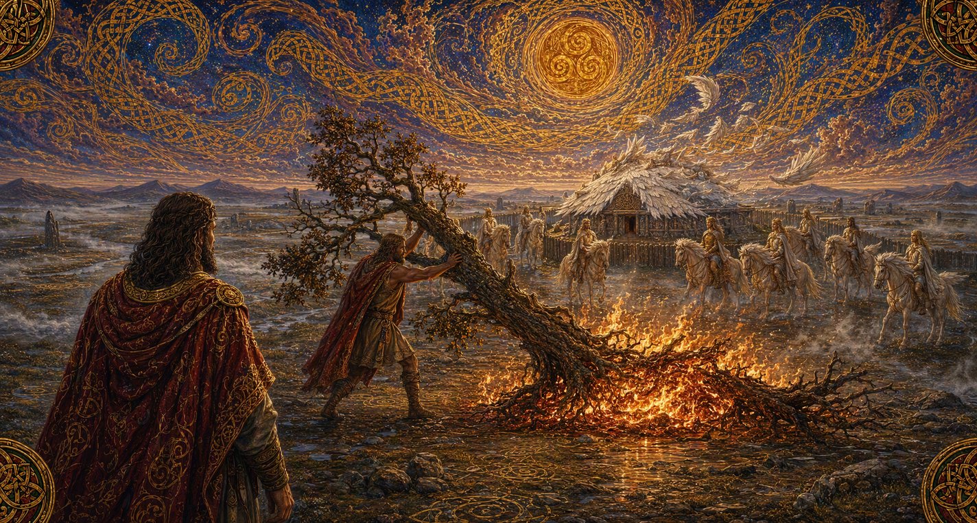 On a pale plain a huge man heaves a whole oak onto a roaring fire, while beyond a bronze wall riders thatch a silver house with white wings.