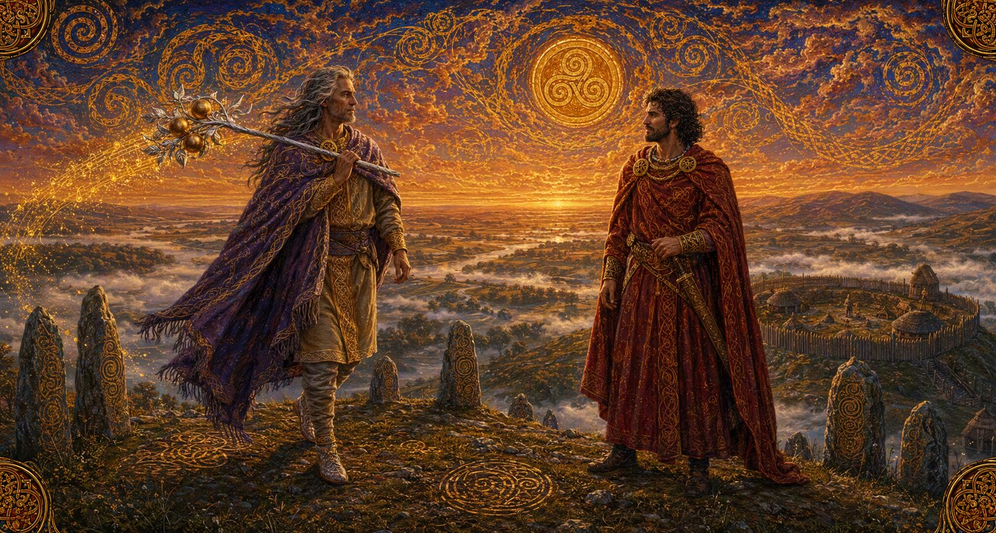 At dawn on the rampart of Tara a grey-haired stranger carries a silver branch hung with three golden apples toward a young king.