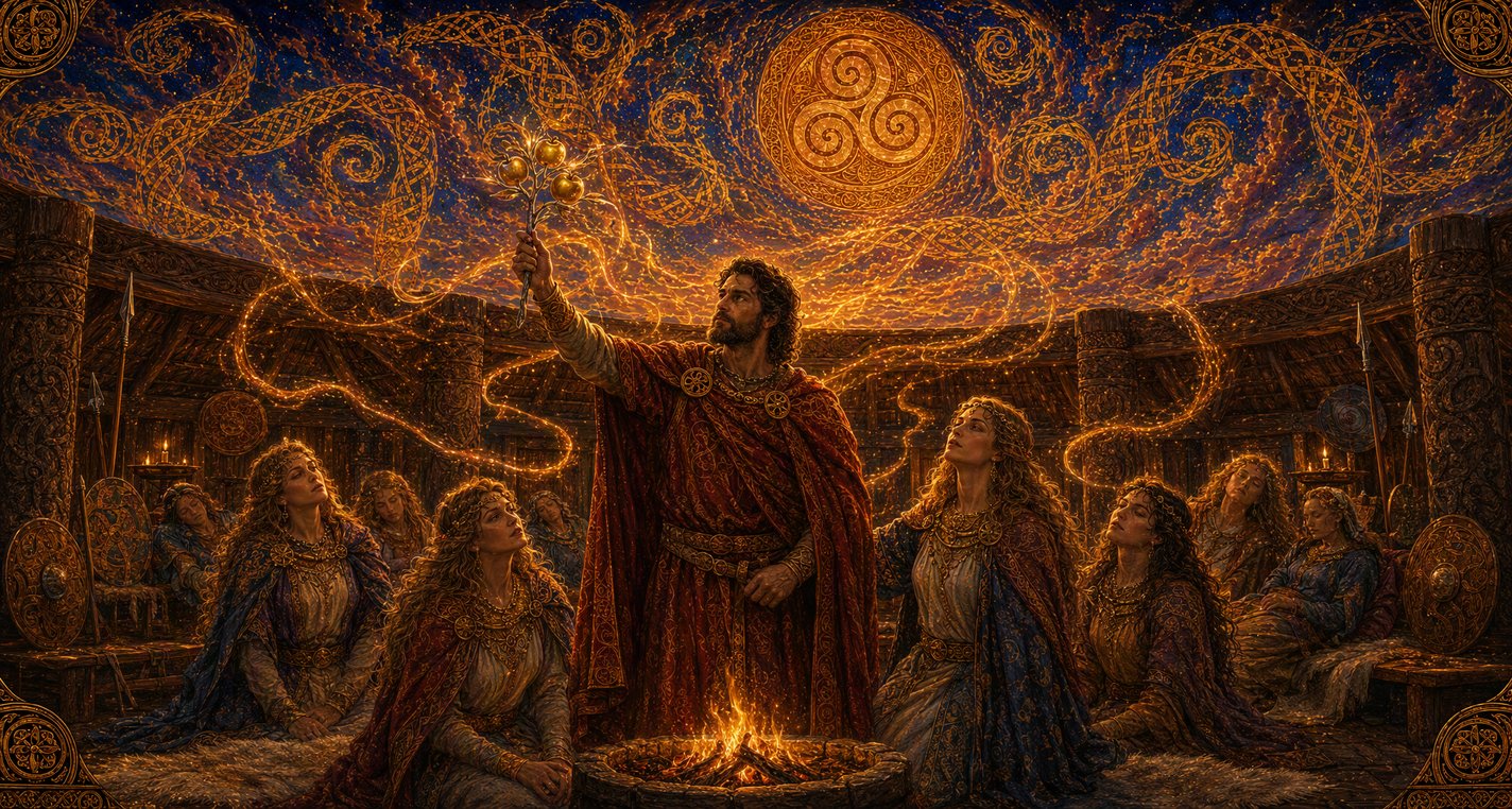 In a firelit hall a king raises a silver branch with golden apples, and the keening women around him fall asleep.