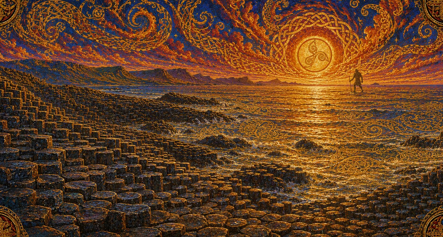 The Giant's Causeway at sunset: thousands of six-sided stone columns stepping down into the sea toward Scotland.