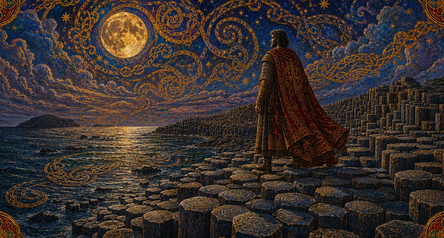 The Causeway under the moon: a cloaked figure stands on the silvered columns above a quiet sea.