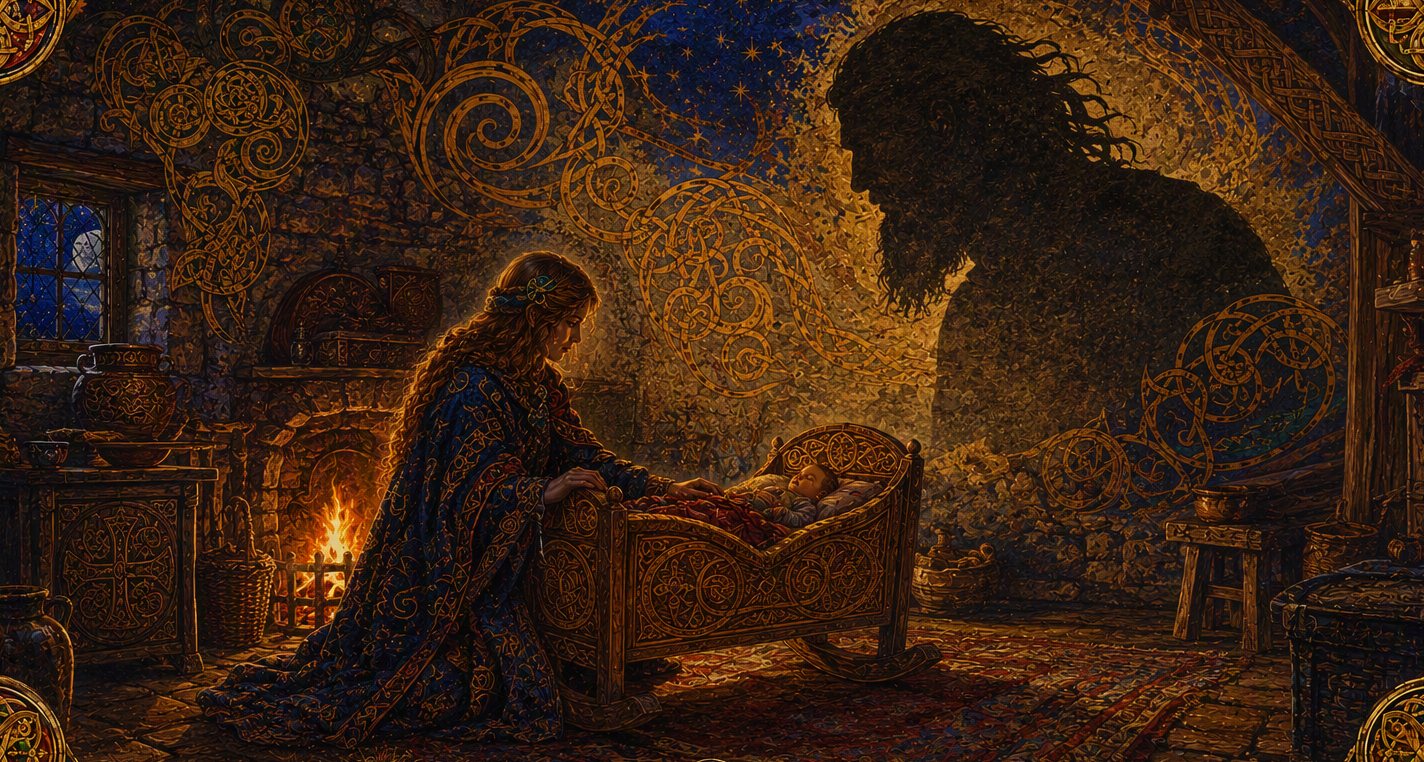 By firelight a woman bends over a great cradle, and the huge shadow of a giant falls across the wall.