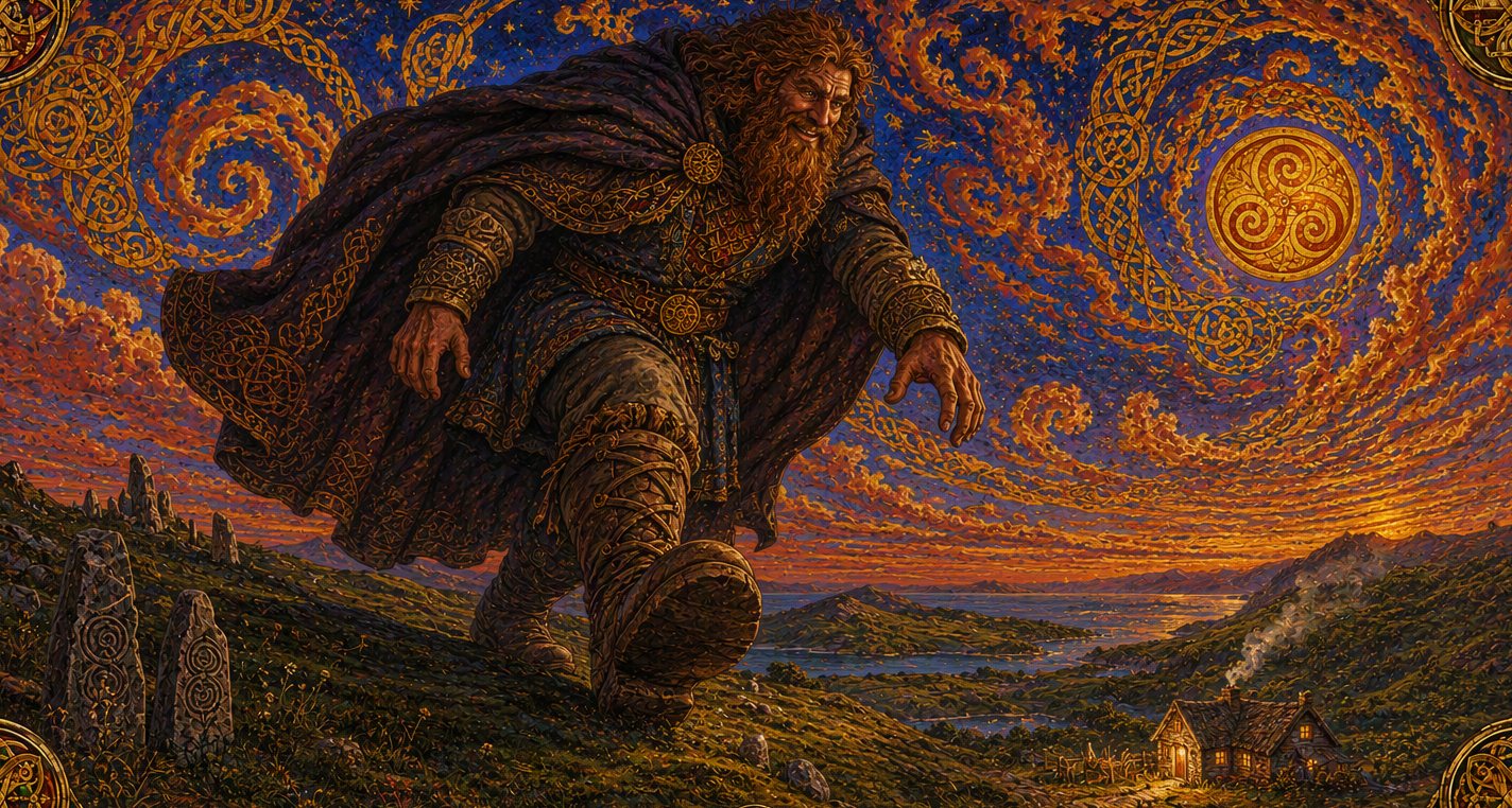 Dusk over the hills. An enormous giant strides toward a small lit cottage.