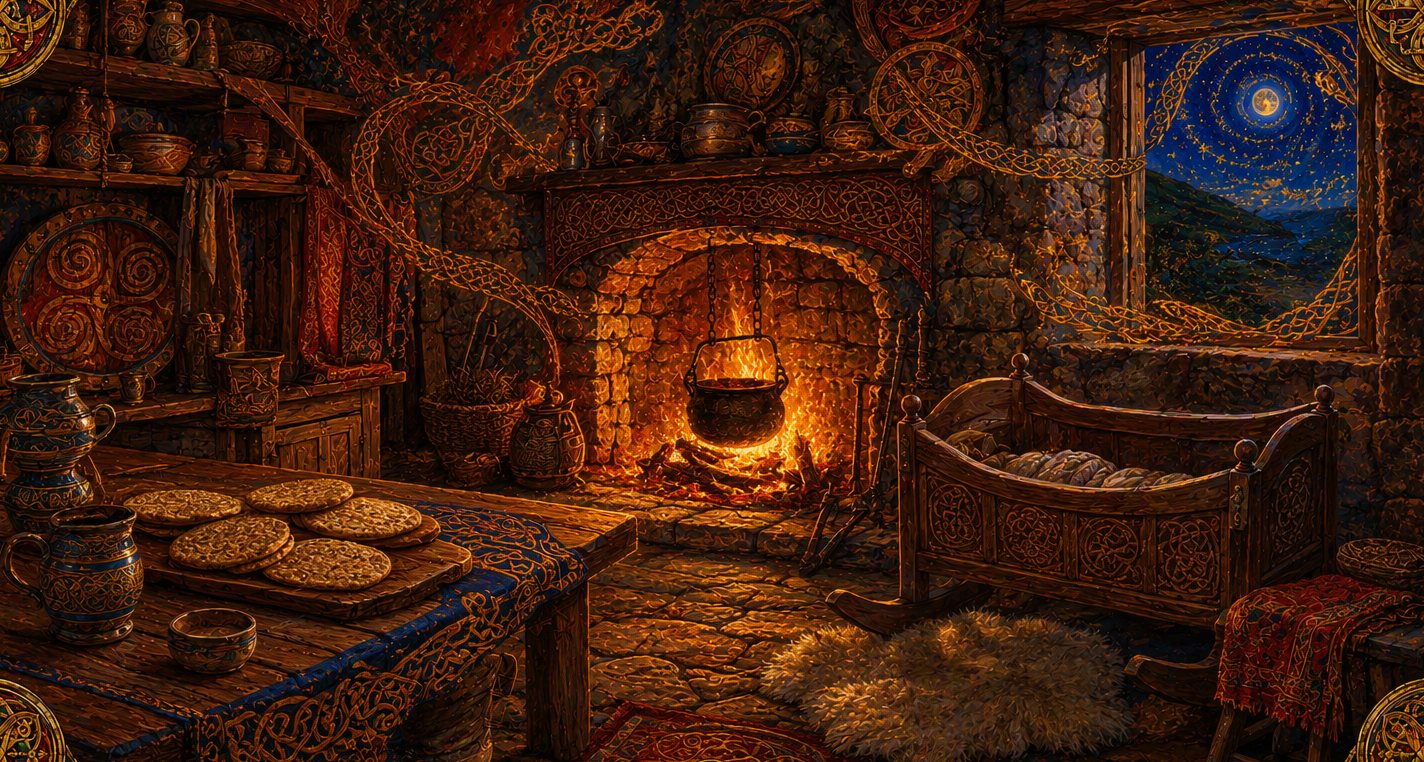 Firelight in a cottage kitchen: a turf fire, twenty-one cakes cooling, and a great wooden cradle.