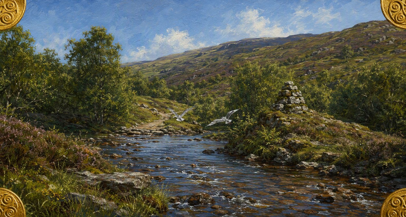 Two white-speckled birds fly low over a quick, shallow river past a ford and a mossy cairn of grey stones, under green heathery hills and a bright sky.