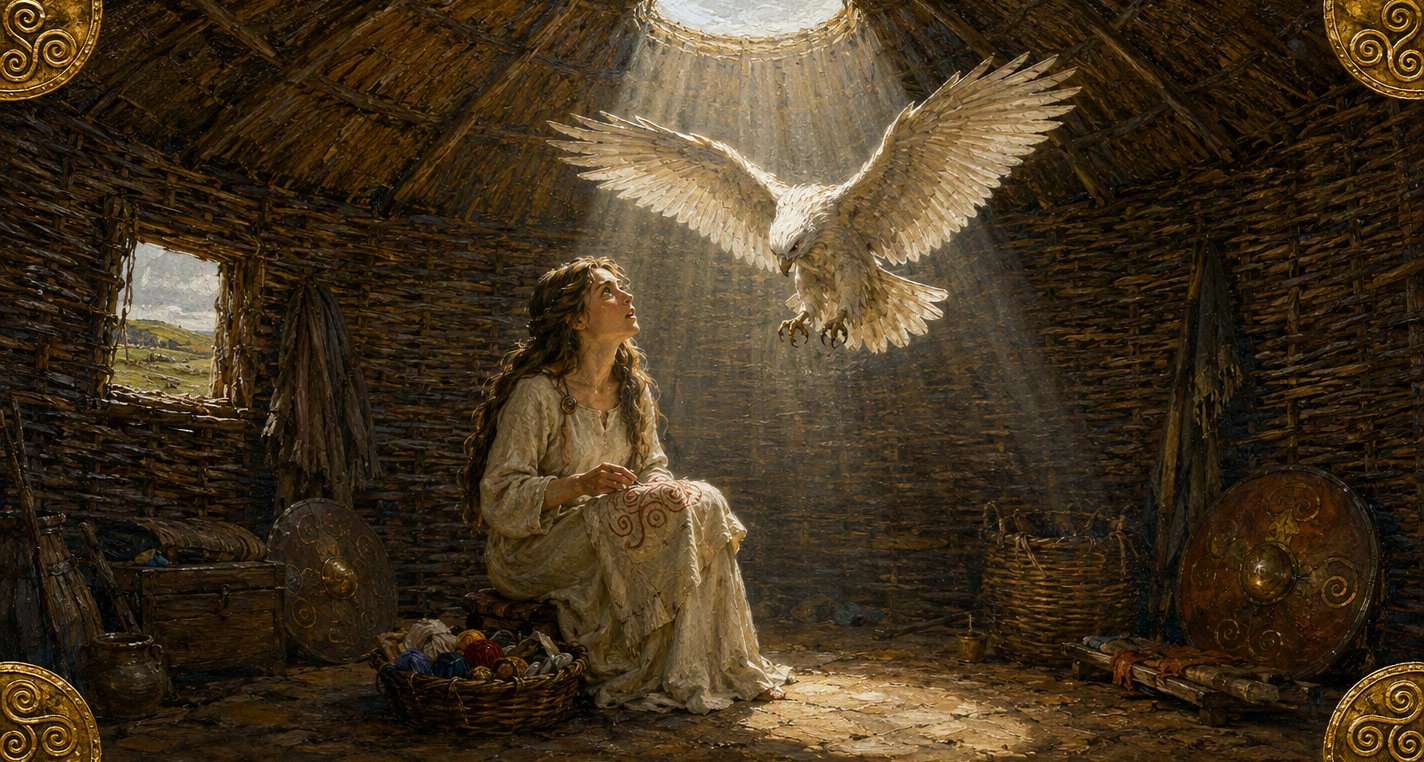 In a round wicker house Mess Buachalla looks up from her embroidery as a great white bird drops through the skylight in a shaft of morning sun.